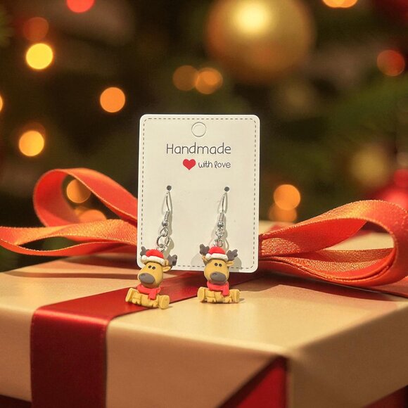 Handmade Reindeer Earrings | Christmas Earrings | Polymer Clay Holiday Jewelry - Picture 2 of 6